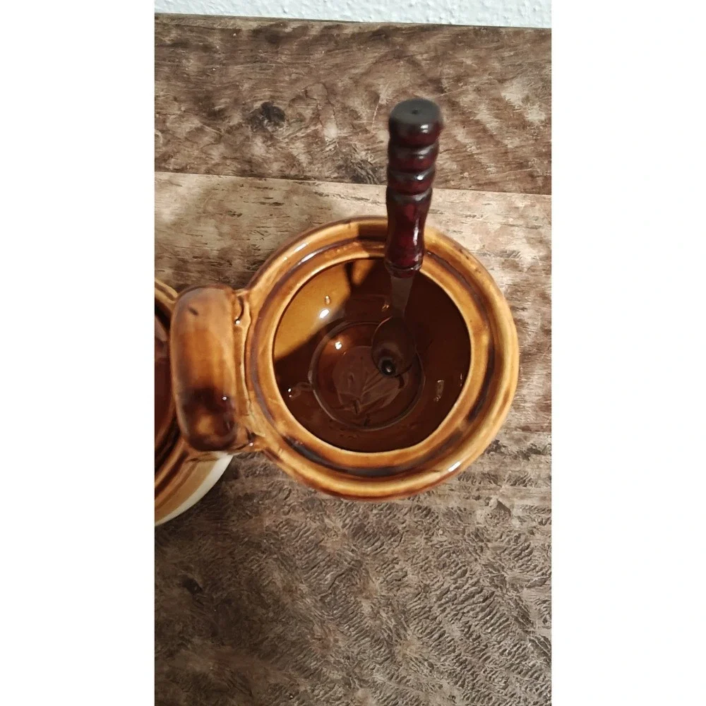 Vintage Pottery Stoneware Crock Relish Condiment Set With Lids & Original Spoons